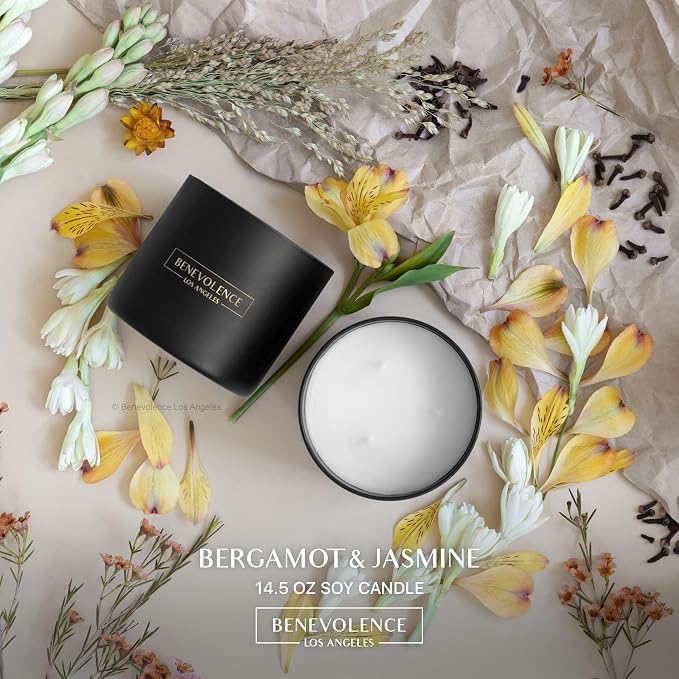 Benevolence LA Premium Bergamot & Jasmine Large 3-Wick Scented Candle – 45-Hour Burn – Luxury Natural Soy Candle for Home – Aromatherapy & Room Decor – 14.5oz