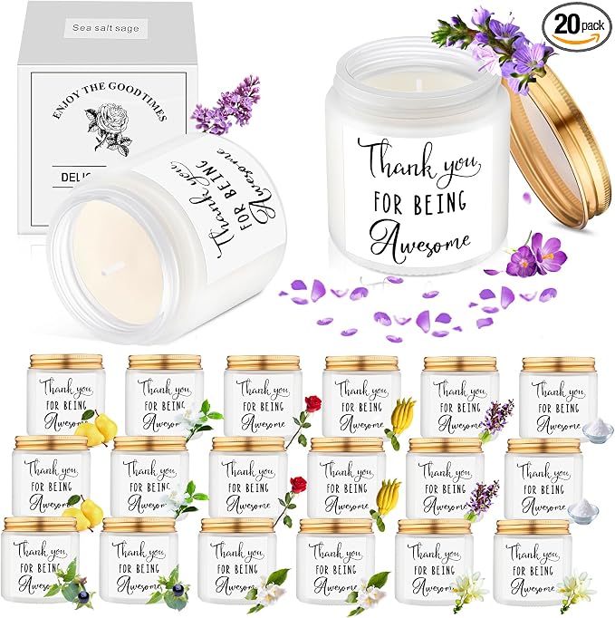 MTLEE 20 Pcs Thank You Gifts Candles 3.5 oz Employee Appreciation Inspirational Scented Soy Wax Candle Thanks Gift for Coworker Women Volunteer Teacher(Thank You,White)