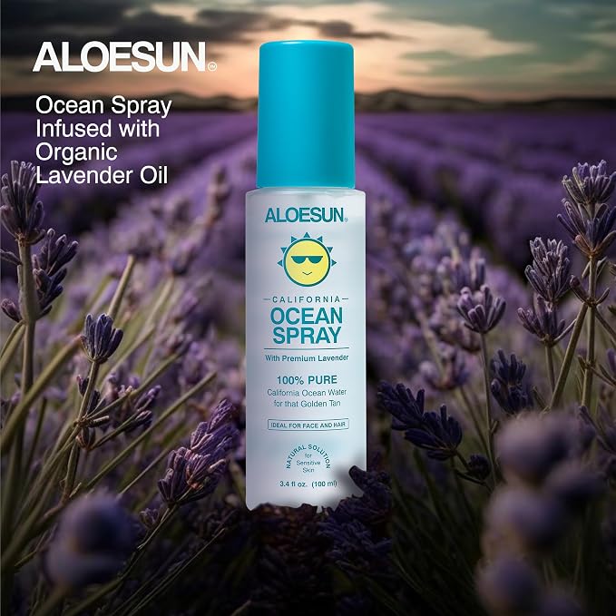 ALOESUN Ocean Spray | Pure California Sea Salt Water Face Mist Infused with Organic Lavender Essential Oil for Tanning | Hair & Scalp Exfoliating Solution | Facial Moisturizer | Travel Size 3.4 Fl Oz