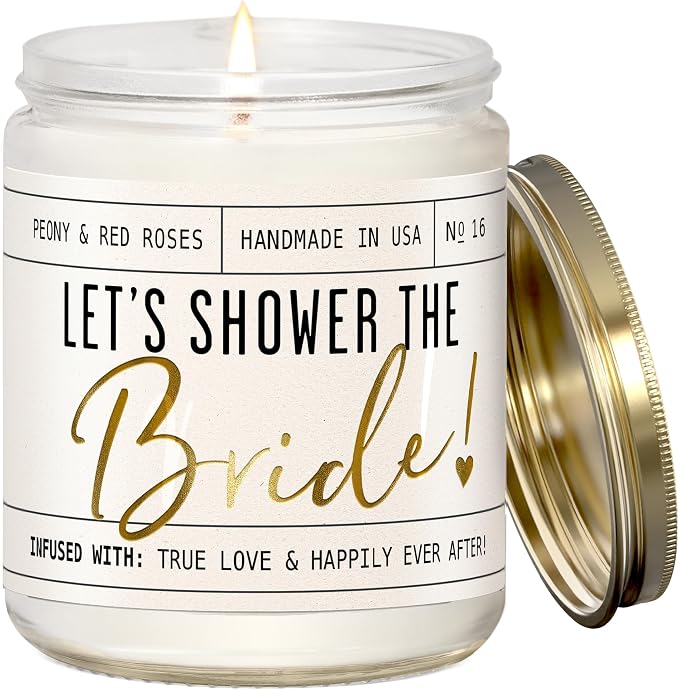 Bridal Shower Gifts, Bride Gifts for Bride to Be - 'Let's Shower the Bride' Soy Wedding Candle, w/Peony Wedding Bouquet - infused w/Essential Oils I Bachelorette Gifts for Bride I 50Hr Burn, USA Made