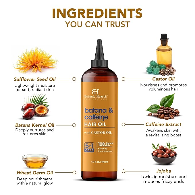 Botanic Hearth 100% Pure Batana & Caffeine Oil For Hair Growth & Hair Treatment Oils 6.7 Fl oz | Infused with coconut Oil | Hair Oil Repairs Dry Damaged Hair, Strengthening, Healthier|All Hair Types