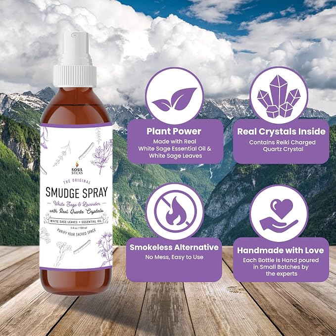 SOUL STICKS White Sage & Lavender Smudge Spray – 3.5oz Smokeless Mist with Quartz Crystals – Calming Essential Oil Spray for Sleep, Stress Relief, Meditation, and Energy Cleansing