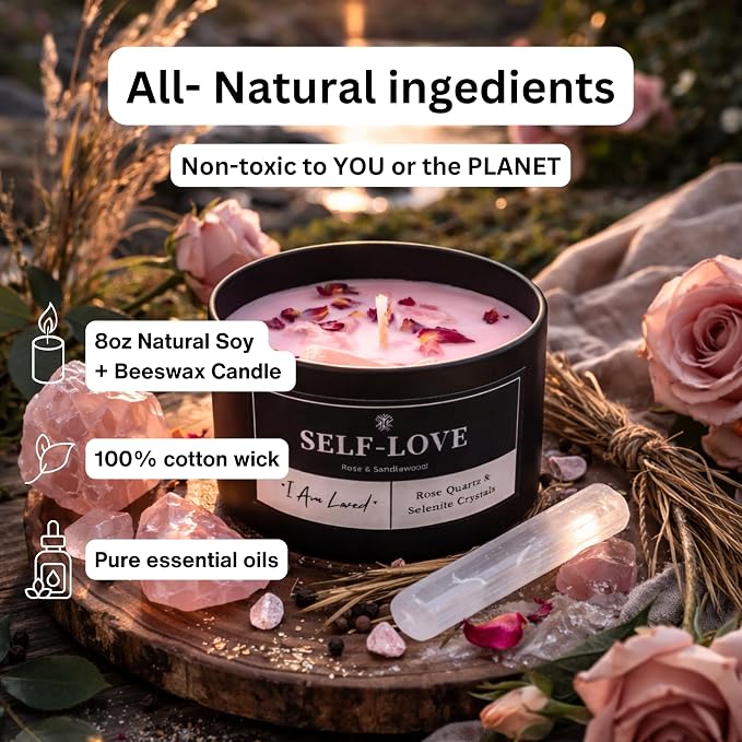 Self-Love Crystal Candle for Meditation and Room Decor, 8oz, Infused with Rose Quartz & Selenite Crystals, Rose & Sandalwood Essential Oil Scented Candles, Soy Wax Blend, Non Toxic Candles
