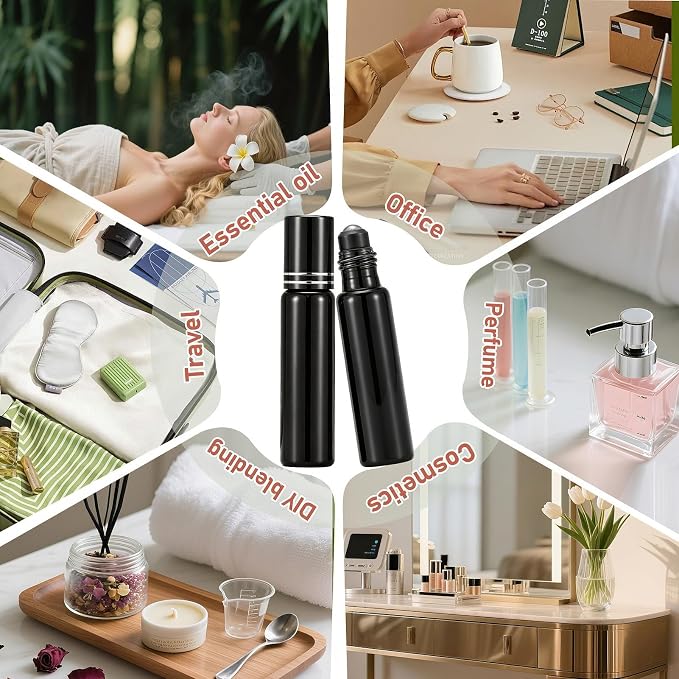 Kesell 10ml Black Glass Roller Bottles 6Pack, Essential Oil Roller Bottles with Funnel & Stainless Steel Roller Ball Applicator, Small Glass Vials for Perfume, Massage Oil, Refillable Travel Container