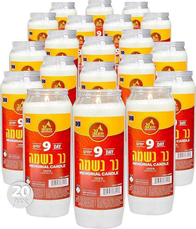 Ner Mitzvah 9 Day Yartzeit Candle - 20 Pack Kosher Yahrtzeit Memorial and Yom Kippur Candle in Plastic Holder