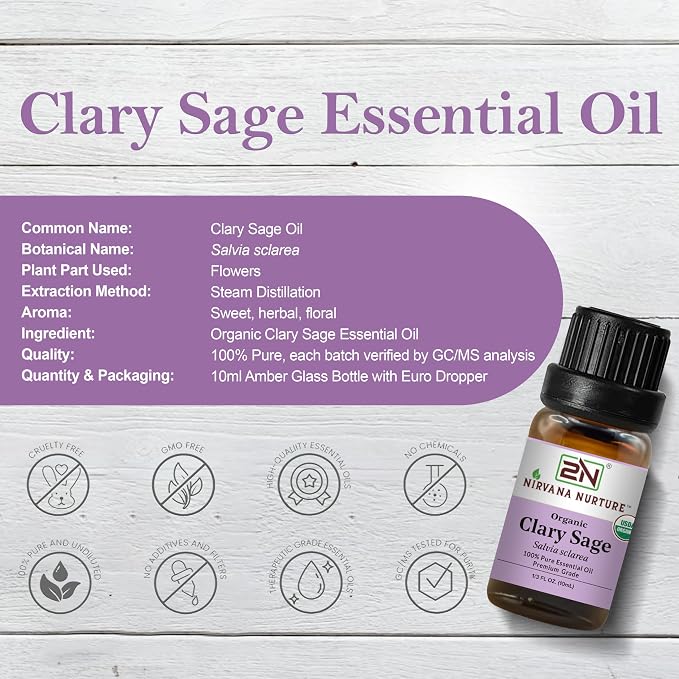 Clary Sage Essential Oil, USDA Certified Organic, 100% Pure Undiluted, Aromatherapy Oil for Diffuser, Hair & Skin Care