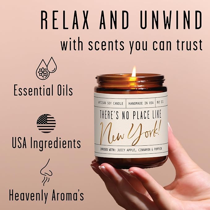 New York Gifts, New York Decor for Home - 'There's No Place Like New York Candle, w/Juicy Apple, Cinnamon & Pumkin I New York Souvenirs I New York State Gifts I 9oz Jar, 50Hr Burn, USA Made