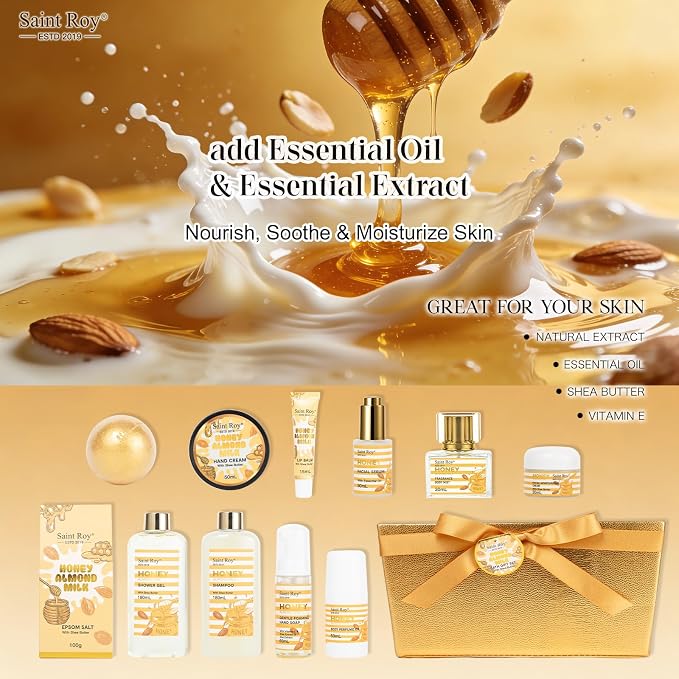 34 Pcs Skin care kit Spa Gift Set for Women & Men, Honey & Almond Milk Bath & Body Gift Basket, Face Skin Care Kit with Shower Gel, Self-Care Manicure, Birthday, Christmas, Mother Day, Anniversary