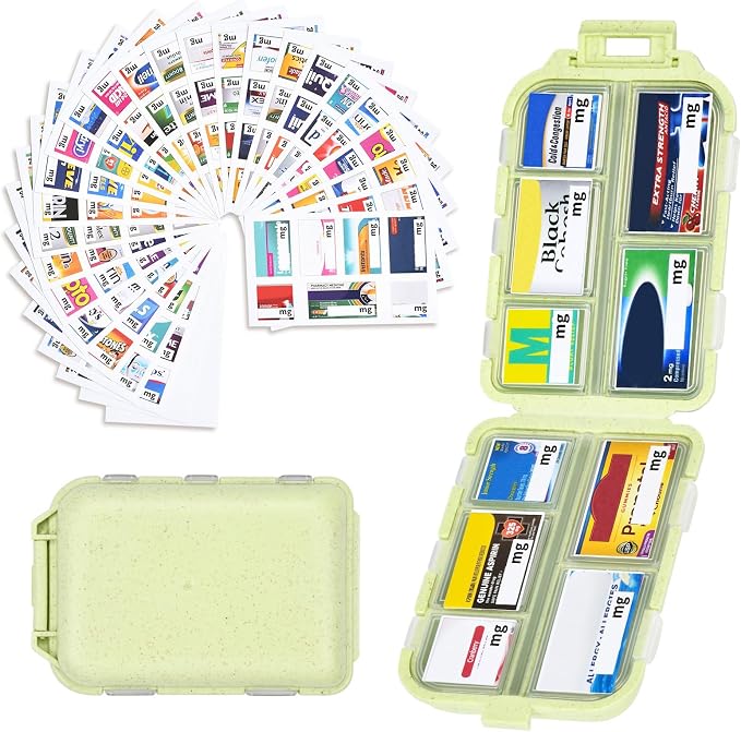 Travel Medicine Kit with 189 Labels, Pill Cases Organizers 7 Day Compact Pill Organizer Mini Pill Case Pill Storage Organizer (Yellow, 1 Pack)