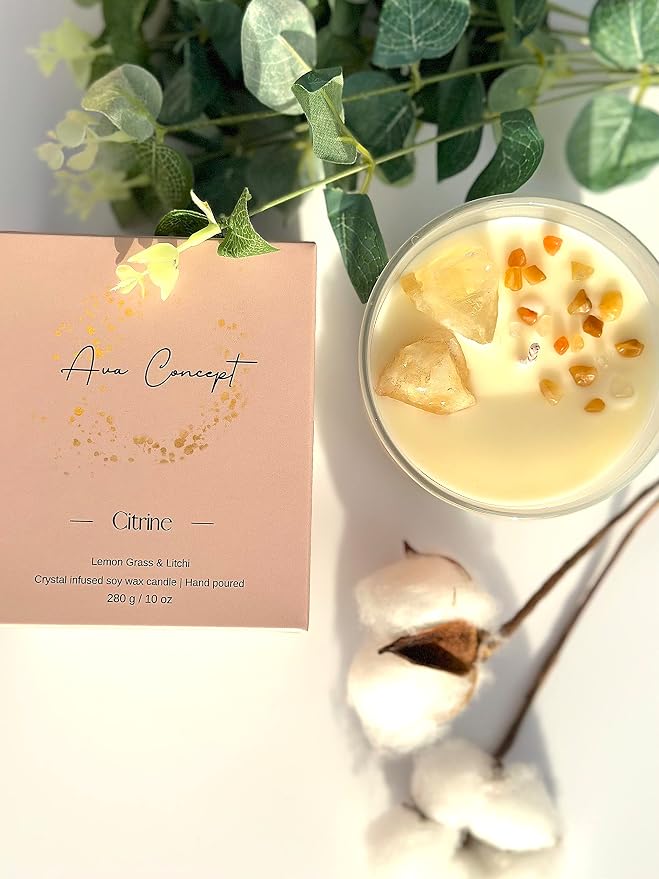 Citrine Crystal Candle – 10oz / 280g | Lemongrass & Litchi Aromatherapy | Hand-Poured Soy Wax | Genuine Citrine Healing Crystals Embedded | Positivity, Success & Energy | Gift Box Included