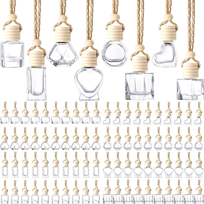 BBTO 120 Pcs Hanging Car Diffuser Bottles Empty Bulk, 8 Styles Empty Glass Air Freshener Bottles with Wooden Cap for Perfume Essential Oils Fragrance Aromatherapy Ornament