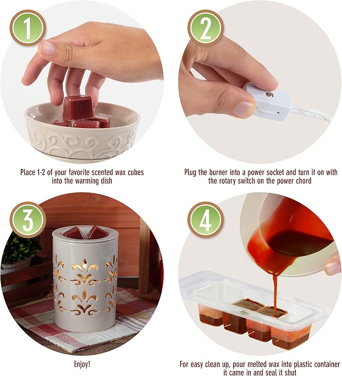 D'Eco Fragrance Wax Melt Warmer - Electric Scented Tart & Candle Warmer w 6 Cinnamon Cubes - Plug-in Halogen Bulb Melts Cubes & Fills Room w Fresh Scents & Night Light Glow for Mom