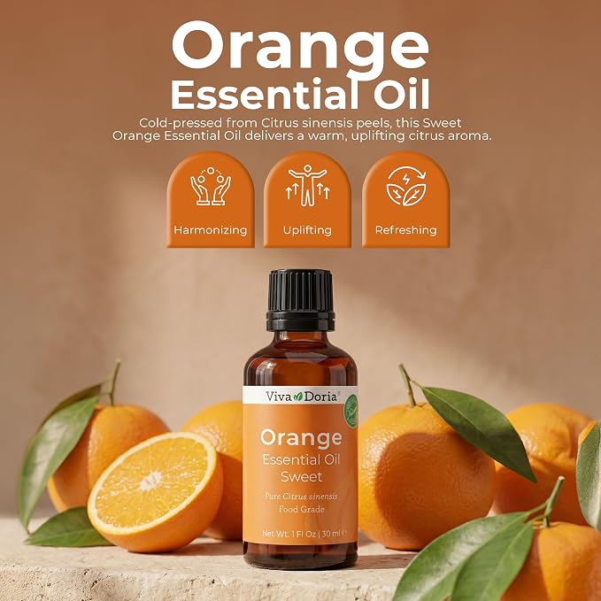 Viva Doria 100% Pure Sweet Orange Essential Oil, Undiluted, Food Grade, USA Orange Oil, 30 mL (1 Fl Oz)