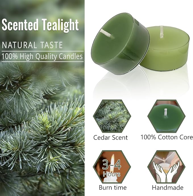Sage Green Ombre Tea Lights Set of 24, Cedar Scented Tealight Candles, Handmade Tea Candles, Long Burning Tealights for Romantic Wedding Home Decor Gift