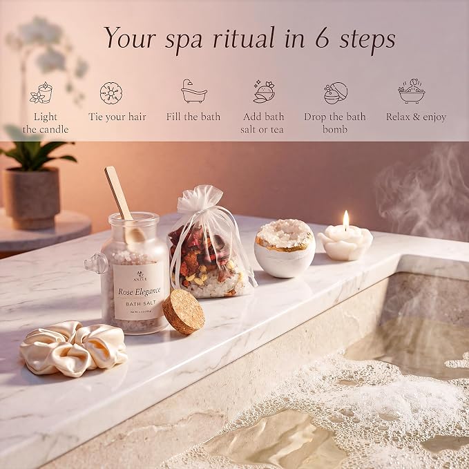 Luxury Rose Spa Gift Set for Women, Home Spa Kit with Candle, Bath Salt and Body Scrub, Self Care Kit is Elegant Gift for Mom, Wife or Girlfriend