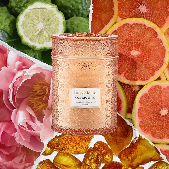 LA JOLIE MUSE Citrine Pink Peony Scented Candles for Home,19 oz Natural Soy | Large Jar Luxury Candle, Clean Non Toxic Wax, Gifts for Women, Decorative Candles for Candle Warmer, Wood Wick, Floral Citrus