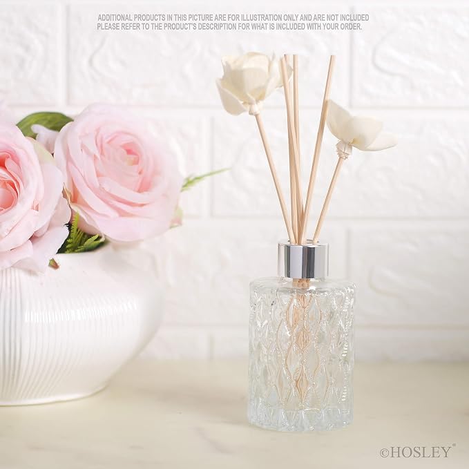 Hosley Set of 4 Mid Century Modern Glass Diffuser Bottles 4 Inch High. Ideal for Use with Essential Oils Replacement Diffusers Reed Sticks Diy Crafts O3 Silver