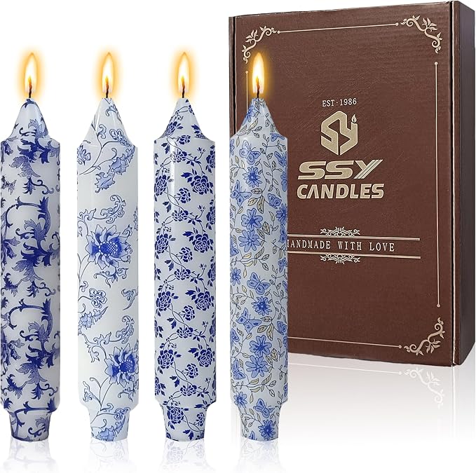 Blue and White Taper Candles 7 Inch Short Chinoiserie Candle Handmade Unscented Smokeless Tapered Candles for Meditation Sailing Living Room Mantel Cozy Hygge Ambiance Everyday Home Decor