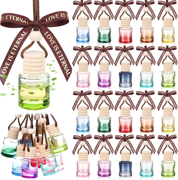Mudder 50 Pcs Gradient Hanging Car Air Freshener Car Diffuser Bottle Pendant Empty Glass Perfume Bottle for Essential Oil Fragrance Aromatherapy Ornament Wedding Employee Gifts(Cylinder,Colorful)
