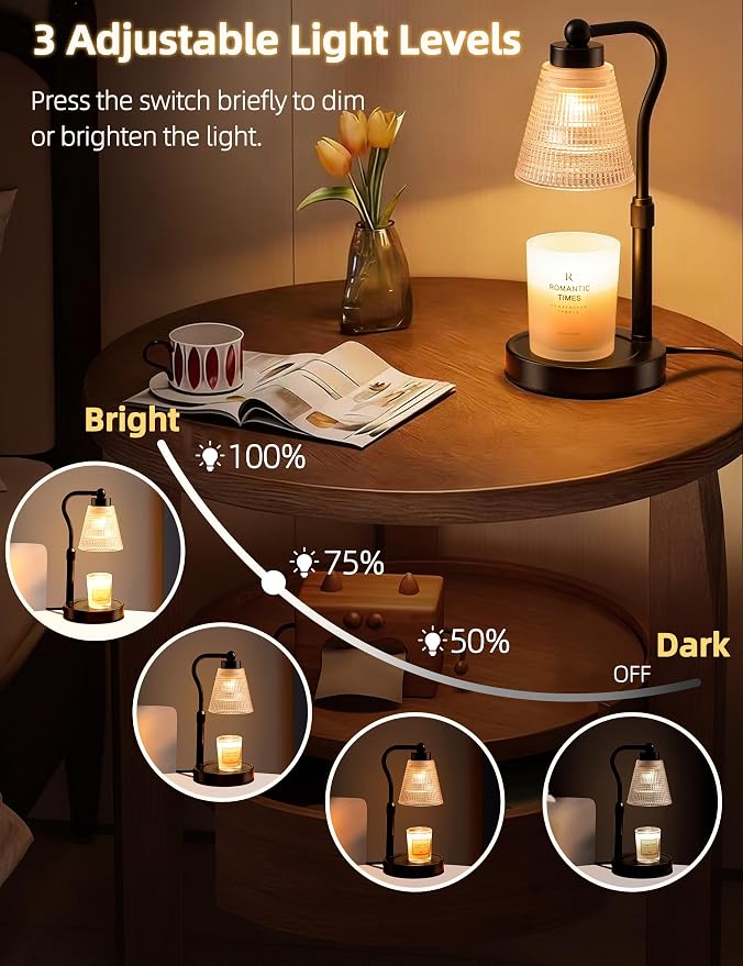 Candle Warmer Lamp for Jar Candles, Height Adjustable & Dimmable with 2/4/8H Timer, 2*50W Halogen Wax Melter Warmer for Home Office Décor, Flameless & Smokeless, Gift for Women Mom, Black-Clear/1 Pack