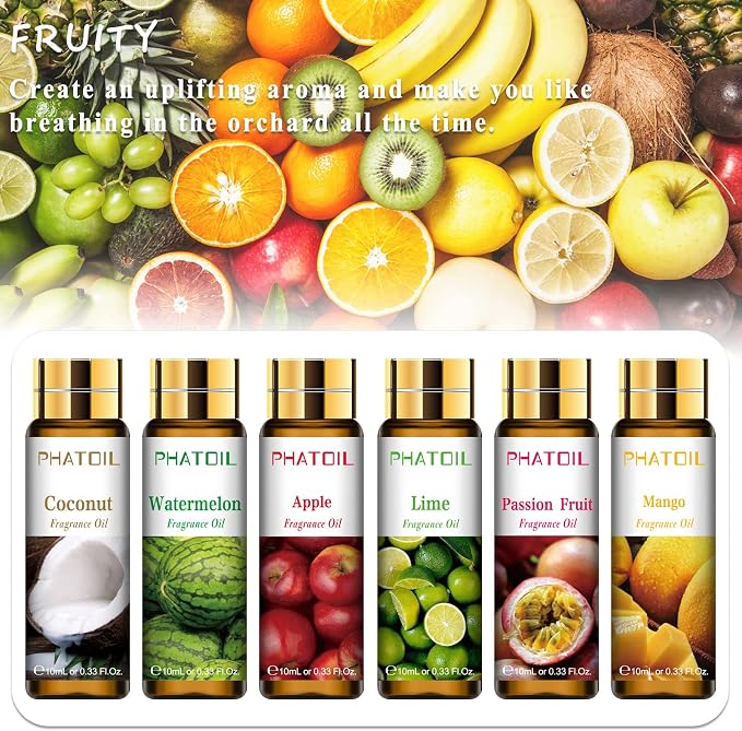 PHATOIL 9Pcs Fruity Fragrance Oil Gift Set, 10ml/0.33fl.oz Fragrance Oils for Soap, DIY Candle, Bath Bombs Making, Fruit Scented Oils for Diffusers for Home