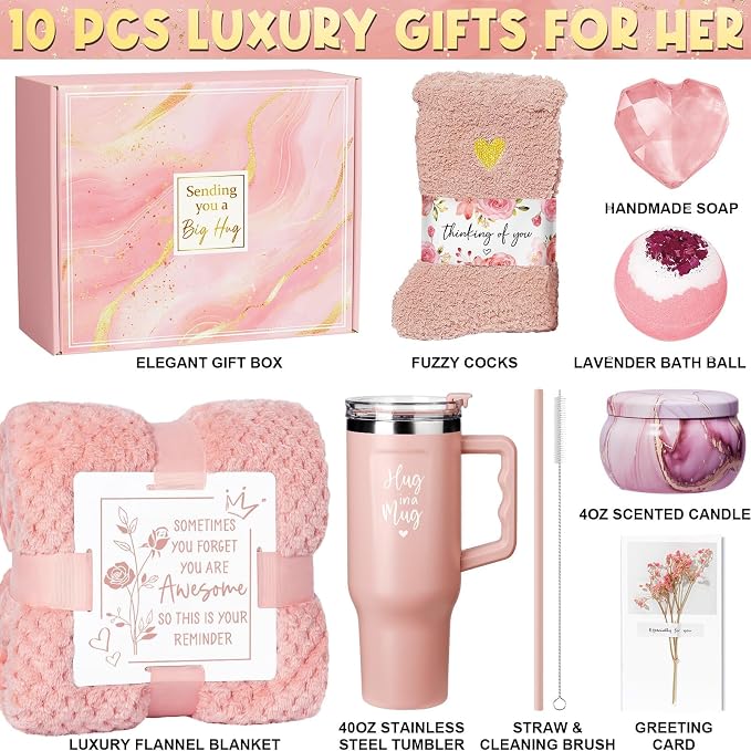 Birthday Gifts for Women Self Care Get Well Soon Gifts, Rose Relaxing Spa Bath Gift Basket Care Package w/ Flannel Blanket 40 OZ Tumbler, Mother's Day Gift for Mom Her Wife Girlfriend Grandma Sister