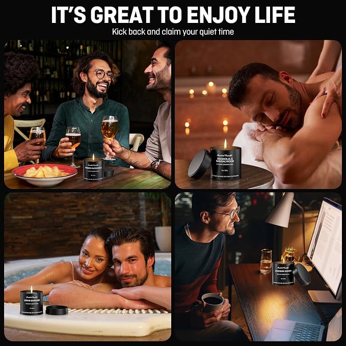 Scented Candles for Men Gift Set – 4 Pack Soy Candles, Amber Patchouli, Cedar Oakmoss, Lavender Woods & Magnolia Sandalwood – Masculine Candle Gift for Men, Dad, Him, Home Décor