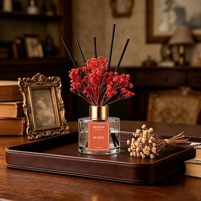 Reed Diffuser Set - 3.38 fl oz Sunset Premium Scented Oil with Preserved Baby's Breath & Cotton 6 Sticks | Long-Lasting Aromatherapy for Home, Bedroom, Bathroom, Office Home Decor