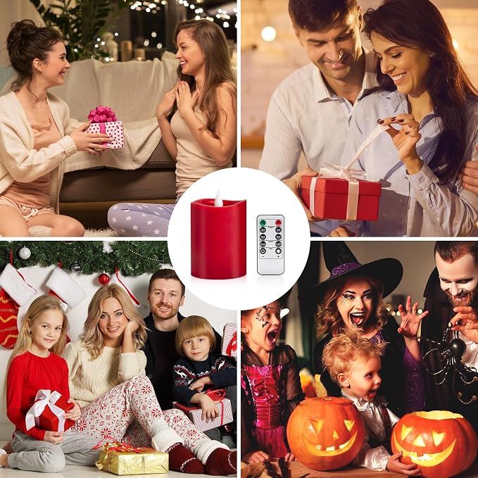 3x4 inch Red Flameless Candles: Realistic Flameless LED, Battery-Powered Pillar Candles with Remote & Timer, Fake Candles for Fall Decor, (Red, 3"*4"-1pcs)