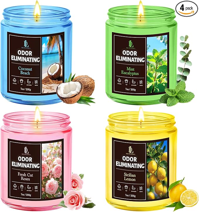 4 Pack Odor Eliminating Highly Fragranced Candle, Eliminates 95% of Food, Pet, Smoke, and Bathroom Quickly, Air Freshing Scents of Lemon/Mint Eucalyptus/Coconut/Roses, Soy Candles Gift for Women Men