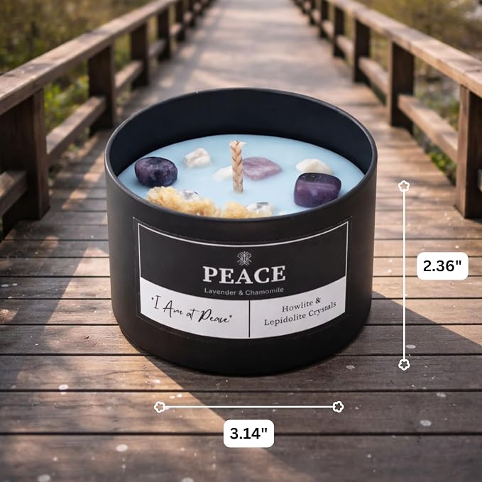 Peace Crystal Candle for Meditation and Room Decor, 8oz, Infused with Howlite & Lepidolite Crystals, Lavender & Chamomile Essential Oil Scented Candles, Non Toxic Soy Wax Blend for Stress Relief