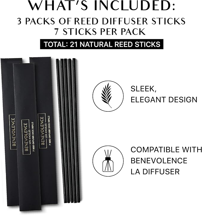 Benevolence LA Reed Diffuser Sticks – 3-Pack of 7 Natural Rattan Sticks per Pouch – Eco-Friendly Reed Replacement for Essential Oil Diffusers – Home Fragrance Accessory for Bedroom & Bathroom