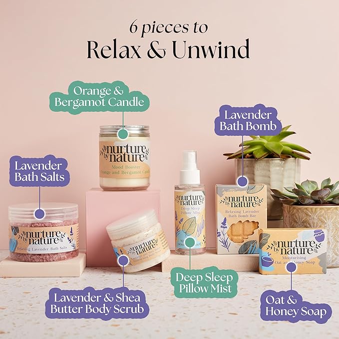 Nurture by Nature Spa Gift Set for Women Bundle - Relaxing and Uplifting Self Care Gift Set Duo with Hand Cream, Scented Candle, Bath Bombs, Bath & Body Gift Set, Mothers Day Gift, Gift for Mom