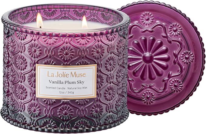 LA JOLIE MUSE Vanilla Plum Sky Scented Candles for Home, Soy Wax, 2-Wick | Large Jar Luxury Candle, Natural Clean Non Toxic, Gifts for Women & Men, Decorative Purple Candles for Candle Warmer,12 oz