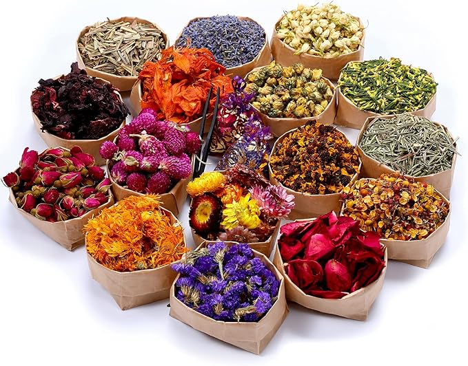 SACATR 16 Bags Dried Flowers,100% Natural Dried Flowers Herbs Kit for Soap Making, DIY Candle Making,Bath - Include Rose Petals,Lavender,Don't Forget Me,Lilium,Jasmine,Rosebuds and More