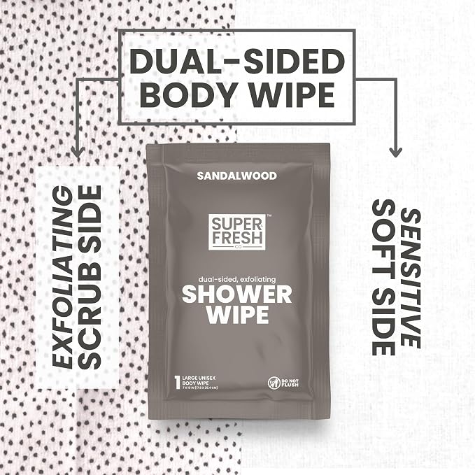 Super Fresh Shower Body Wipes, Travel Essentials for Camping, Large Sandalwood Wipes for Adults, Women, Men, Kids Personal Hygiene Cloth Enriched with Aloe and Vitamin E, Individually Wrapped 20 Pack