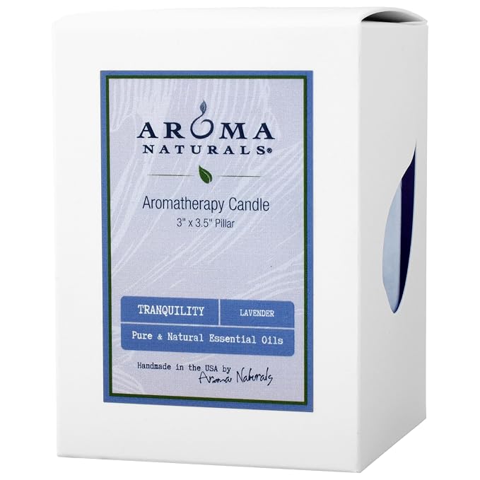 Aroma Naturals Lavender Essential Oil Blue Scented Pillar Candle, Tranquility, 3 inch x 3.5 inch