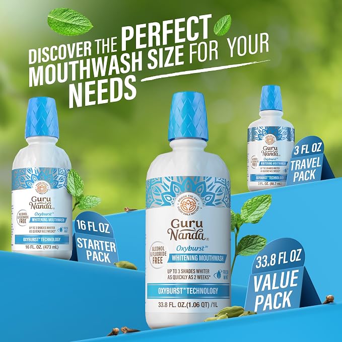 GuruNanda Whitening Mouthwash – Up to 3 Shades Whiter Teeth in 2 Weeks – Alcohol & Fluoride Free with Hydrogen Peroxide – Oxyburst Technology - Wild Mint, 33.8 oz/ 1 Liter