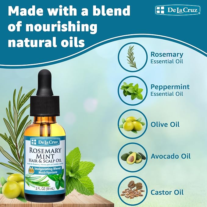 De La Cruz Rosemary Mint Oil Blend for Hair & Scalp - Revitalizing Blend with Castor, Avocado and Olive Oil - Naturally Moisturizing Rosemary Hair Oil - 2 FL OZ