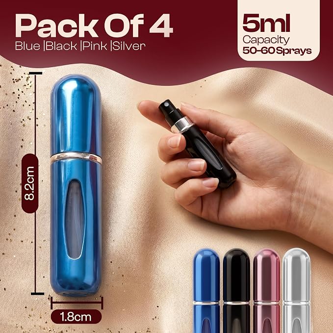 5ml Travel Perfume Bottle Refillable Atomizer Sprayer for Perfume,Leakproof Perfume Atomizer Travel, Portable Refillable Perfume Bottles, (Blue, Black, Pink, Silver)