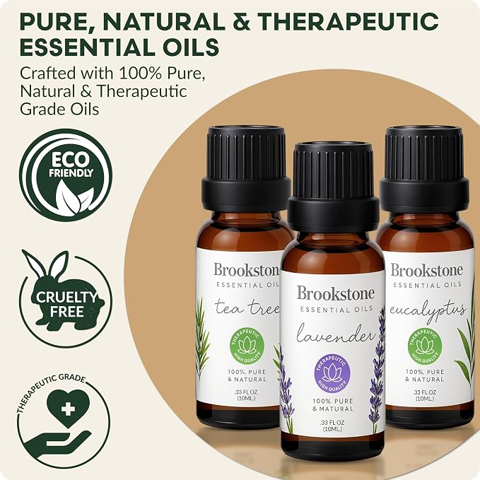 Brookstone Essential Oil Herbal Collection – 100% Pure Steam Distilled Therapeutic Grade Essential Oil Set for Aromatherapy Diffuser & Topical Use, Eucalyptus, Lavender, Tea Tree | 3-Pack 10ml Bottles