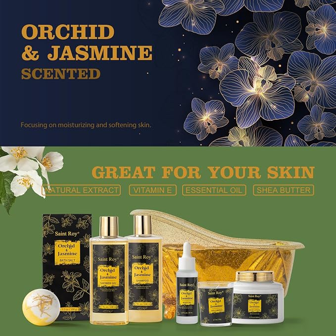 Spa Gift Basket for Women & Men Home Spa Bath Gift Basket, Spa gift set Christmas Gifts, Spa Kit Self-care Gifts, Spa Collection Gift, Orchid Jasmine Bath and Body Gift Pampering Spa Gifts father Day