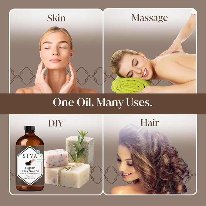 Siva Black Seed Organic Oil 16oz (473ml) Premium Cold-Pressed Organic Carrier Oil for Face, Skin Care, Body Massage, Hair Care, Hair Oiling & Scalp Massage