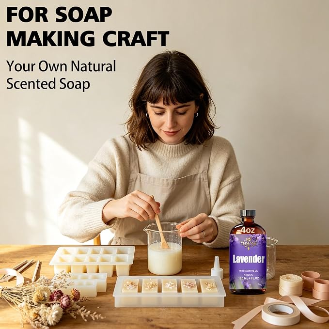 Lavender Essential Oil, Lavender Oil 4 Fl Oz 120ml for Diffuser Yoga Soap & Candle Making – with 0.33 Oz Roller Ball & Dropper YHSESSE Essential Oils