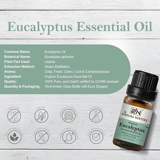 Eucalyptus Essential Oil, USDA Certified Organic, 100% Pure Undiluted, Aromatherapy Oil for Diffuser, Hair & Skin Care