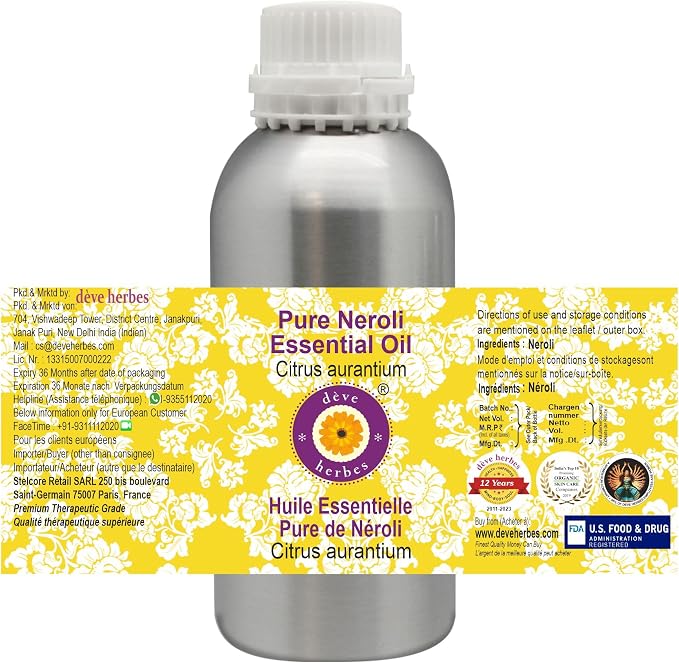 Deve Herbes Pure Neroli Essential Oil (Citrus aurantium) Steam Distilled 300ml (10 oz)