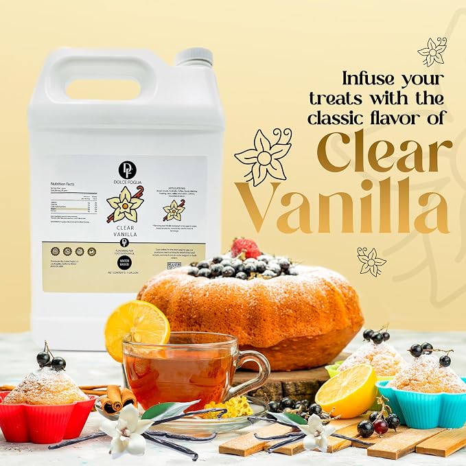 Dolce Flav Natural Water-Soluble Flavor Extracts – Sugar-Free, Kosher, Allergen-Free Concentrated Flavorings for Baking, Desserts, Beverages & More, Clear Double Strength Imitation Vanilla Extract, 1 Gallon