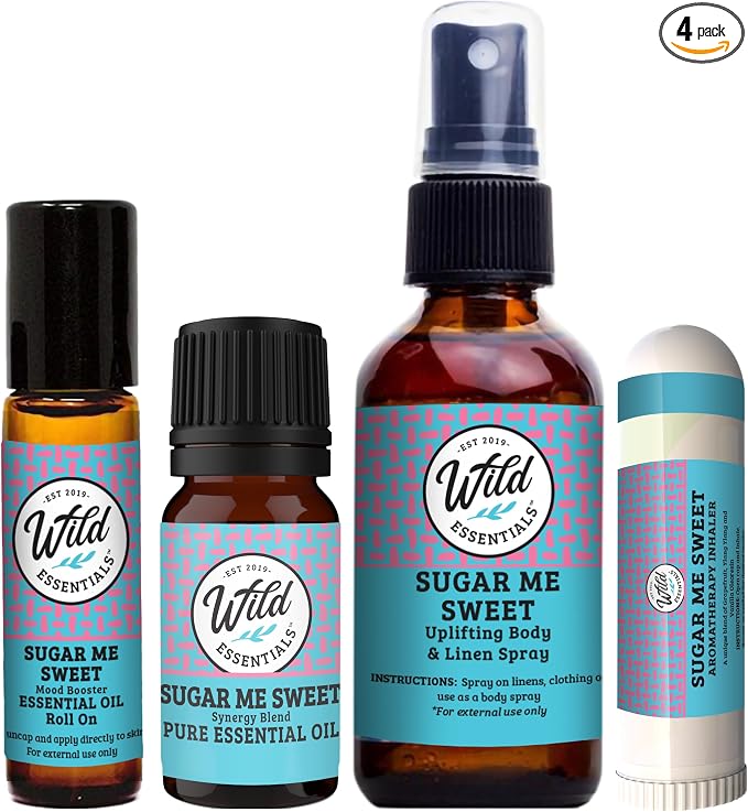 Wild Essentials Sugar Me Sweet Essential Oil Aromatherapy Bundle – Pink Grapefruit, Ylang Ylang & Vanilla – Essential Oil, Roll-On, Spray & Inhaler – Uplifting Mood Boost Blend