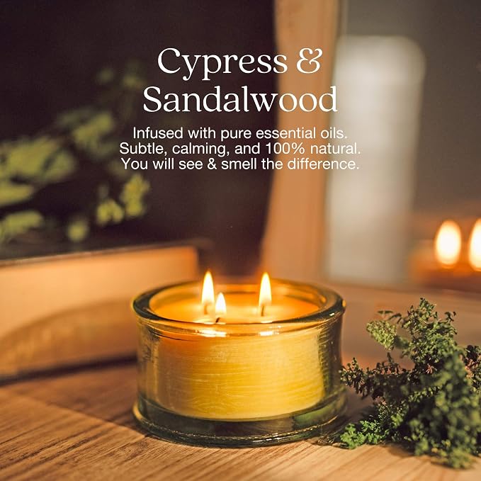 Bluecorn Botanica Beeswax 3-Wick Candle – Cypress & Sandalwood, 100% Pure Beeswax & Essential Oils – 10oz Hand-Blown Recycled Spanish Glass – Non Toxic, Clean Burning, Refillable Glass Jar