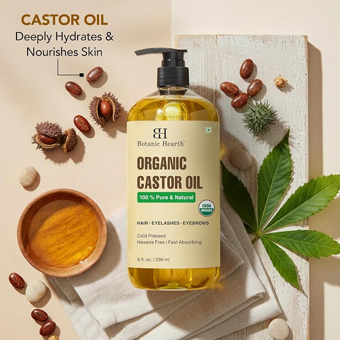 Botanic Hearth 100% Pure Castor Oil with Wrap Kit | Cold Pressed Oil for Hair & Body | Reusable Cotton Belly, Stomach & Neck Wrap | Hydrating Care for Dry Hair & Skin | 8 fl oz